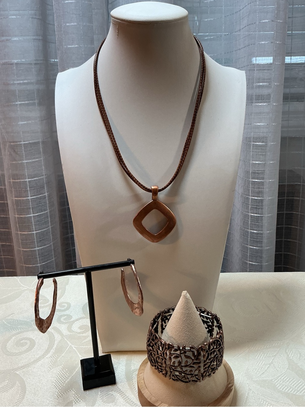 Lia Sophia Necklace, Filigree Stretch Bracelet & Hoop Earrings Copper Tone Set